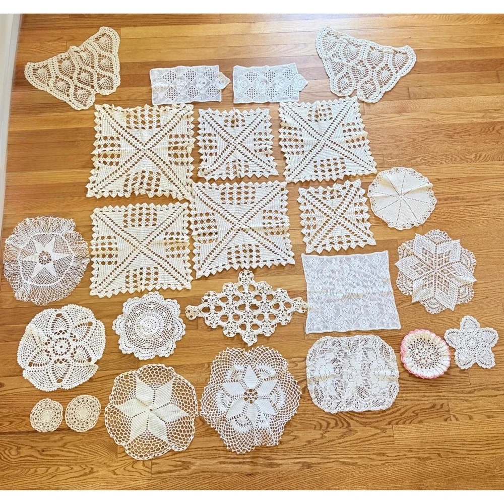 Crochet Doily Lot 24pc White Cream Lace Assorted Shapes Butterfly Floral 1970s